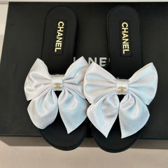Double CC big bow flat sandals Sheepskin White Black