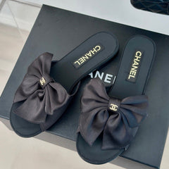 Double CC big bow flat sandals Sheepskin Black