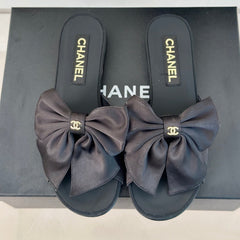 Double CC big bow flat sandals Sheepskin Black