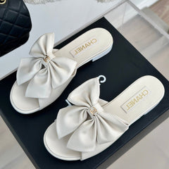 Double CC big bow flat sandals Sheepskin White Cream