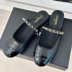 Double C Two-Tone Chain Mules Black Lambskin