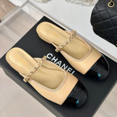 Double C Two-Tone Chain Mules Dark Cream Lambskin