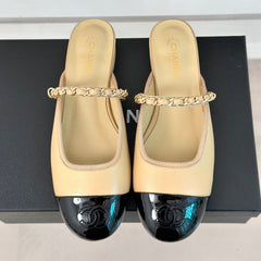 Double C Two-Tone Chain Mules Dark Cream Lambskin