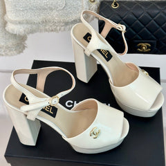 Double C High Heel Sandals Beige Cream Leather
