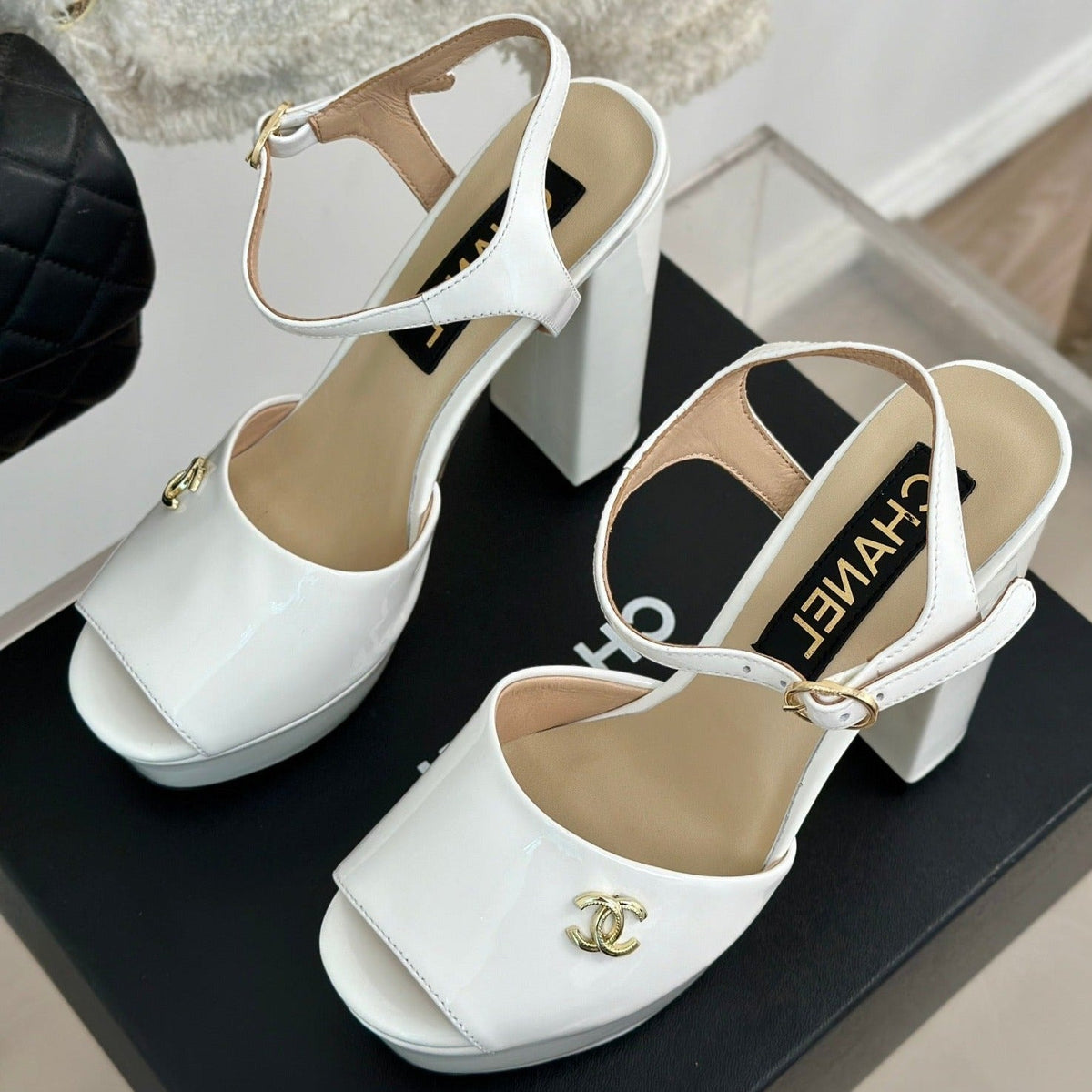 Double C High Heel Sandals White Leather