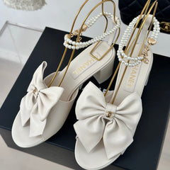 Double C Big Bow Pearl Chain High Sandals White Lambskin