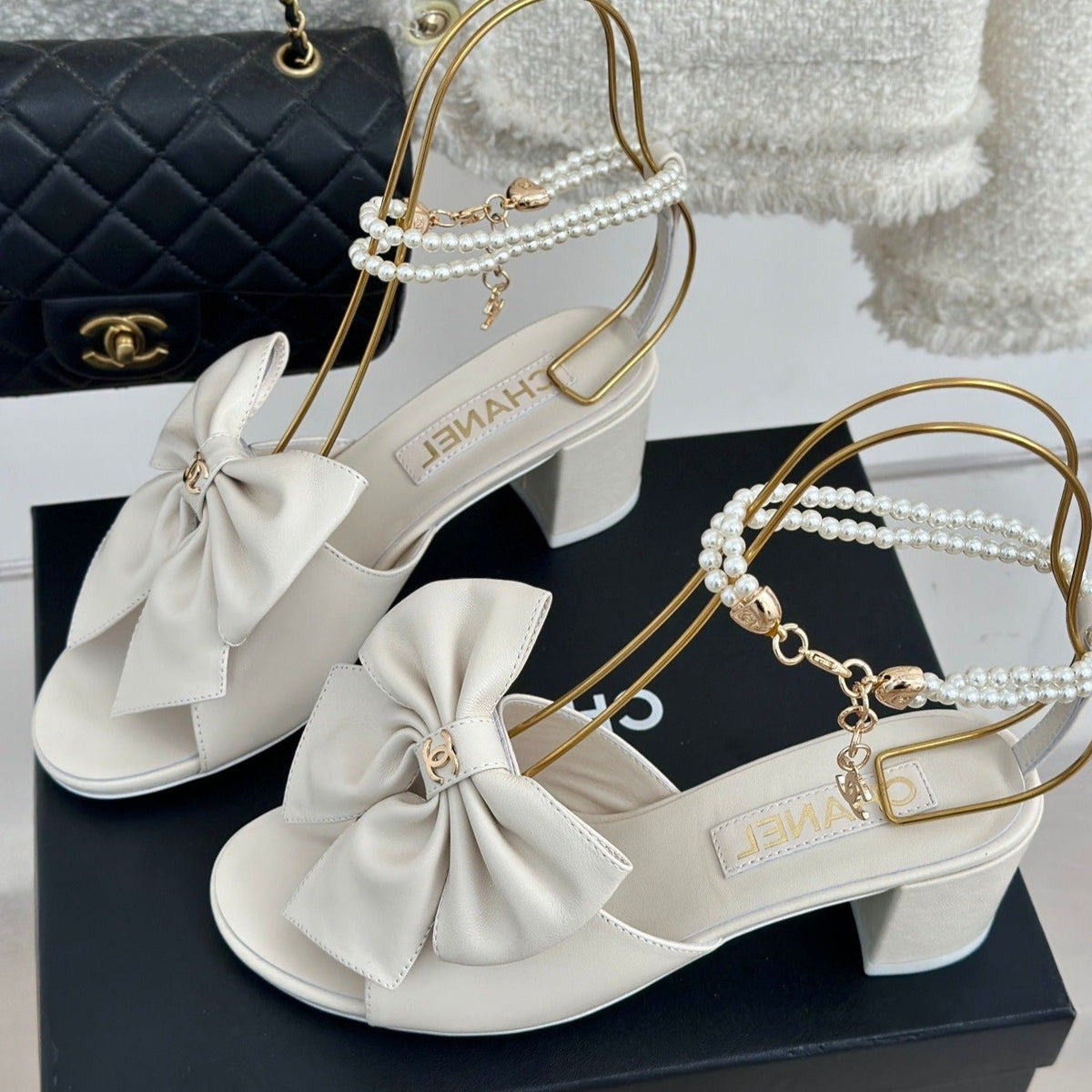 Double C Big Bow Pearl Chain High Sandals White Lambskin