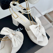Double C Big Bow Pearl Chain High Sandals White Lambskin