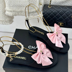 Double C Big Bow Pearl Chain Sandals Light Pink Black Lambskin