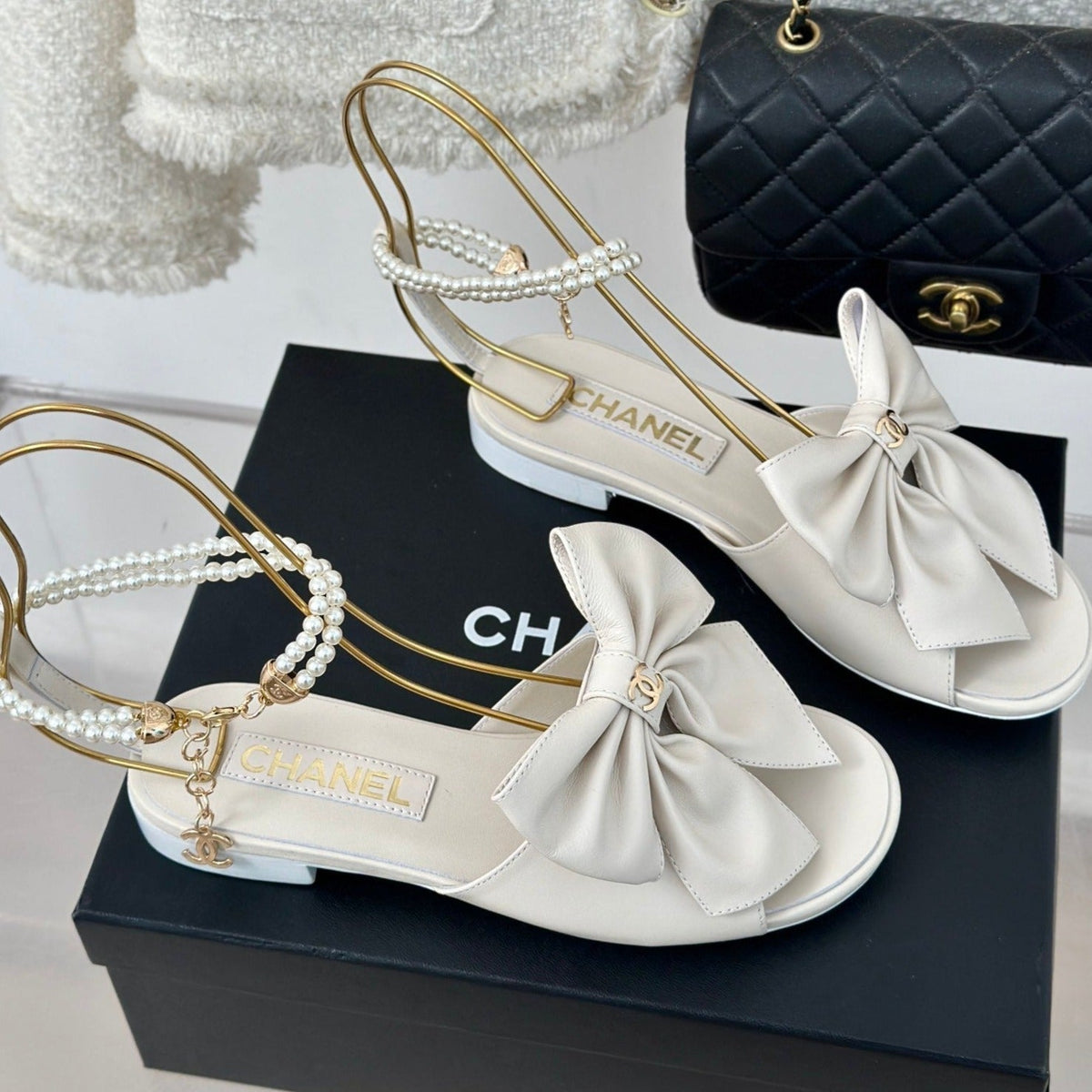 Double C Big Bow Pearl Chain Sandals White Lambskin