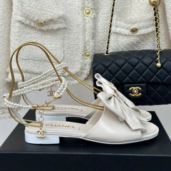 Double C Big Bow Pearl Chain Sandals White Lambskin