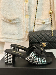 BLOCK HEEL MULE WITH WHITE RHINESTONES IN BLACK LAMBSKIN