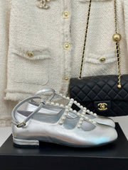 MARY JANES SHOES SILVER GOATSKIN WITH FAUX PEARL