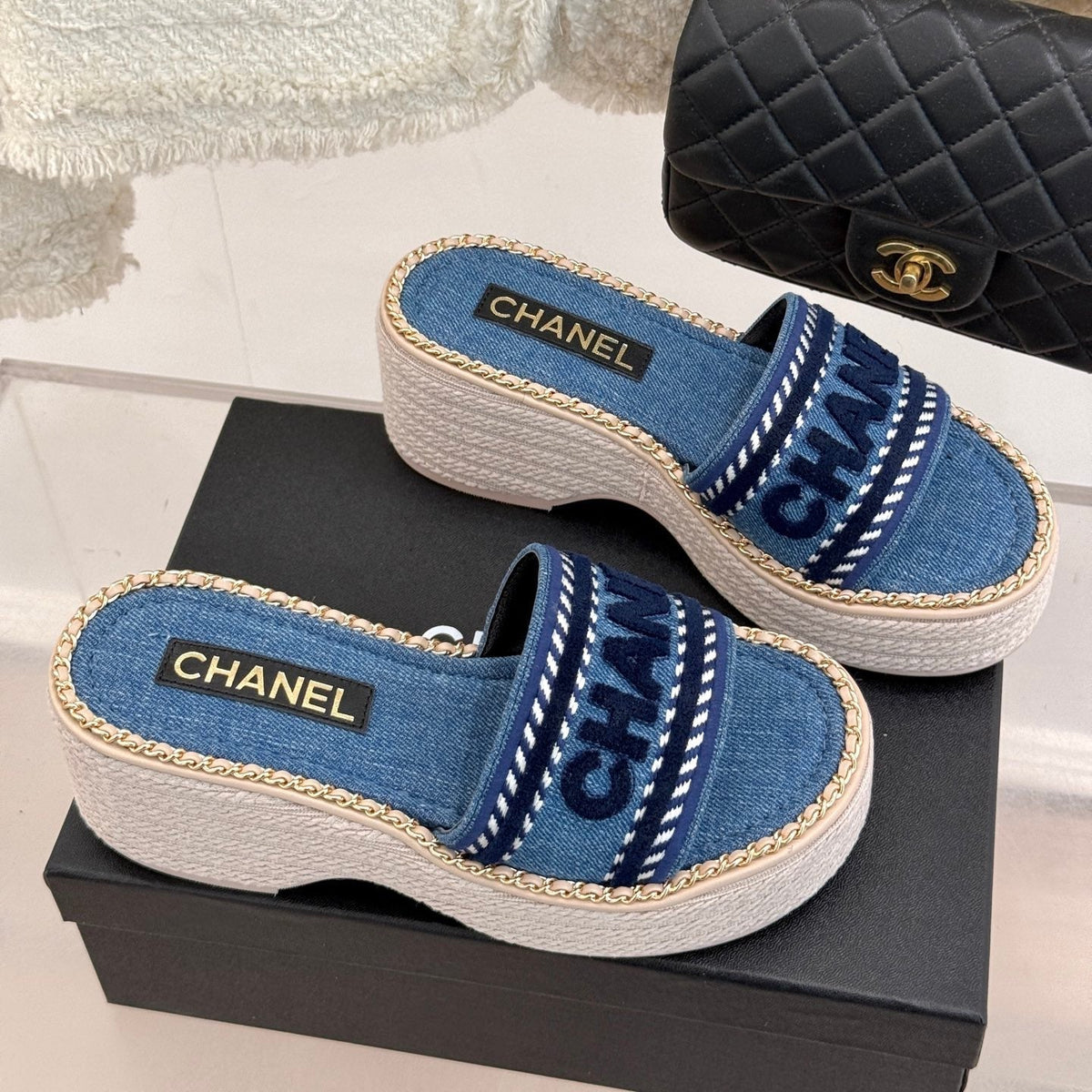 THICK SOLE WEDGE SLIPPERS IN CLASSIC BLUE DENIM FABRIC