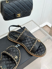 FLAT CHAIN HEART SANDAL IN BLACK LAMBSKIN