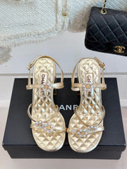 HIGH HEELS SANDAL IN GOLD LAMBSKIN PEARL FLOWERS