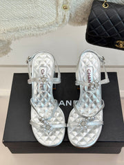 HIGH HEELS SANDAL IN SILVER LAMBSKIN PEARL FLOWERS