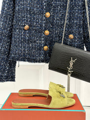 FLAT SANDALS IN MOSS YELLOW SUEDE AND LAMBSKIN