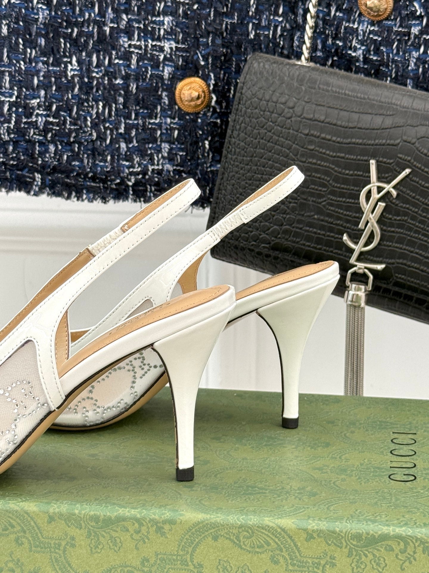 GG HIGH SLINGBACK 8.5 CM IN WHITE CLASSIC POINTED-TOE MESH WITH RHINESTONE EMBELLISHMENTS