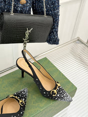 HIGH SLINGBACK 8.5 CM IN BLACK FABRIC WITH RHINESTONE EMBELLISHMENTS