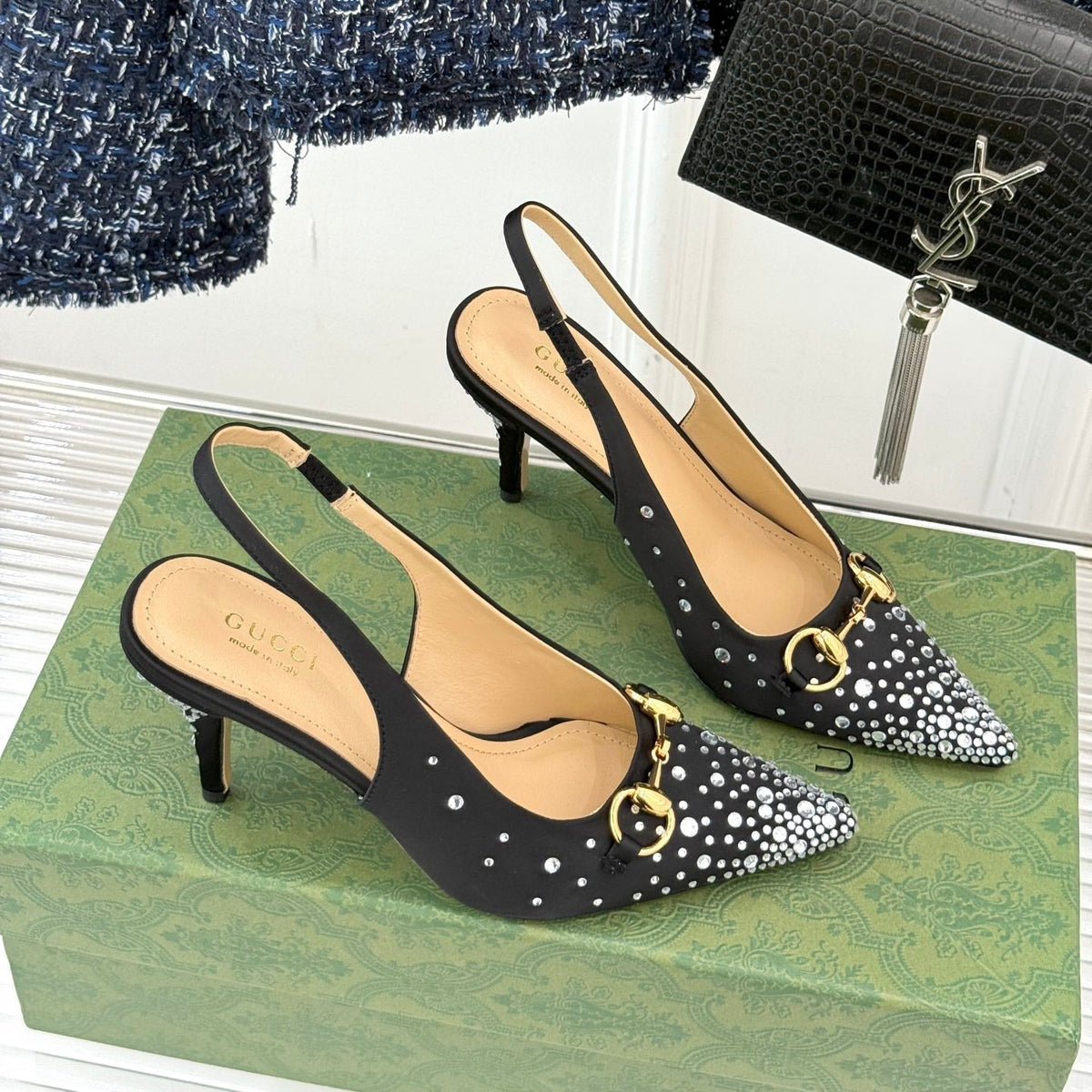 HIGH SLINGBACK 8.5 CM IN BLACK FABRIC WITH RHINESTONE EMBELLISHMENTS