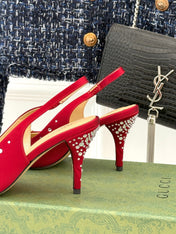 HIGH SLINGBACK 8.5 CM IN RED FABRIC WITH RHINESTONE EMBELLISHMENTS