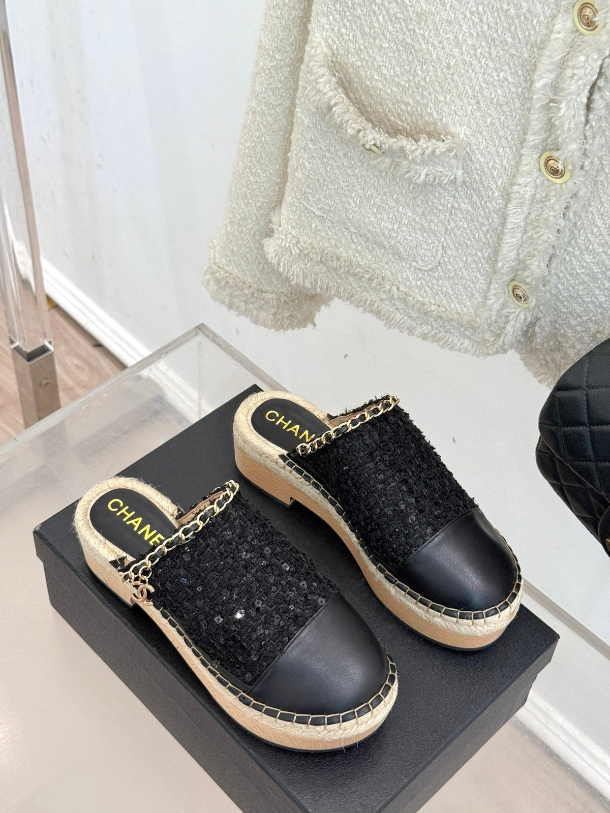 CC MULES 25SS 30 MM IN BLACK LAMBSKIN MIX TWEED