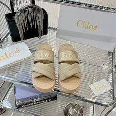 MILA FLAT SLIDES 5 CM IN BEIGE EICRU CALFSKIN AND RE-NYLON