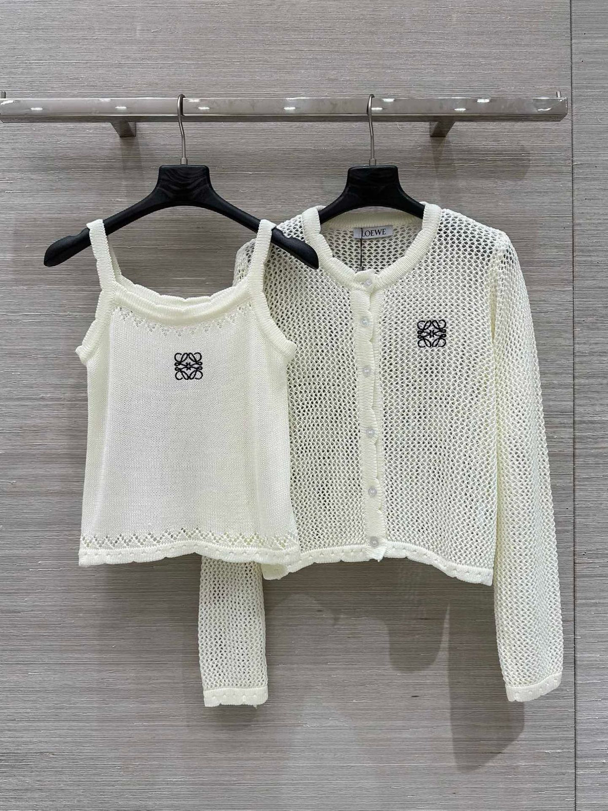 Loewe 25 Mesh Hollow Knitted Cardigan Ivory Wool