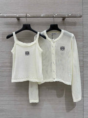 Loewe 25 Mesh Hollow Knitted Cardigan Ivory Wool