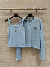 Loewe 25 Mesh Hollow Knitted Cardigan Blue Wool