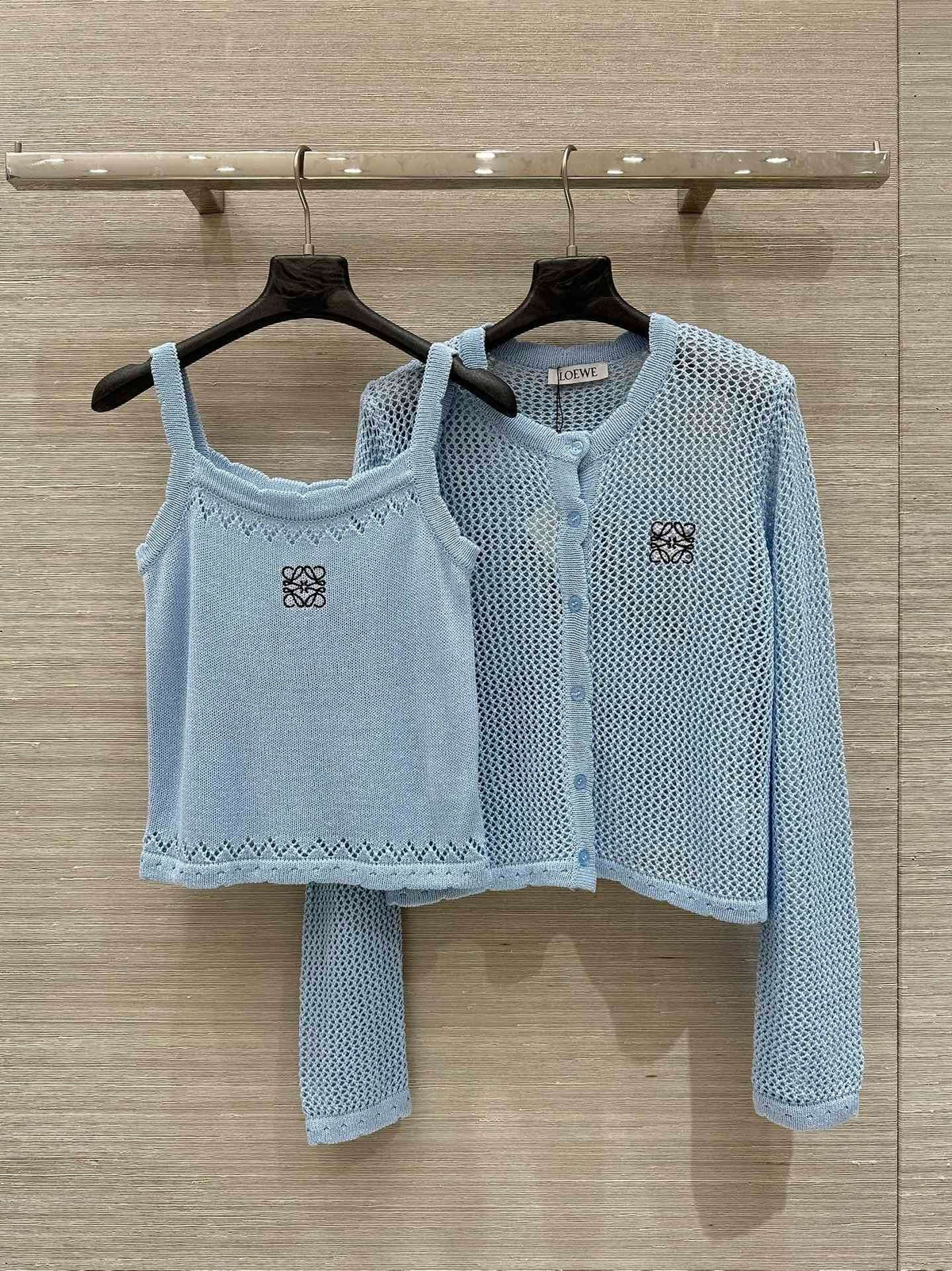 Loewe 25 Mesh Hollow Knitted Cardigan Blue Wool