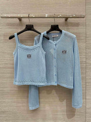 Loewe 25 Mesh Hollow Knitted Cardigan Blue Wool