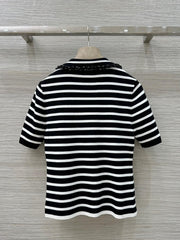 Loewe 25 Striped Knitted Polo Short-sleeved Top Black Tencel