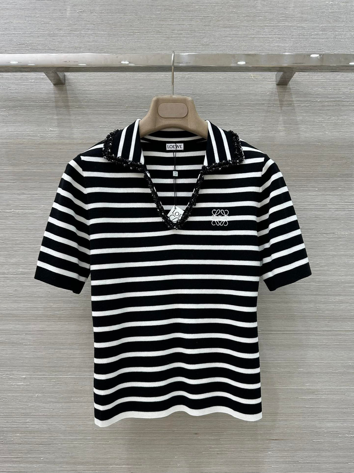 Loewe 25 Striped Knitted Polo Short-sleeved Top Black Tencel