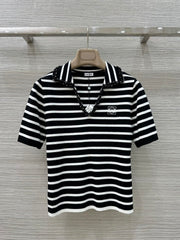 Loewe 25 Striped Knitted Polo Short-sleeved Top Black Tencel