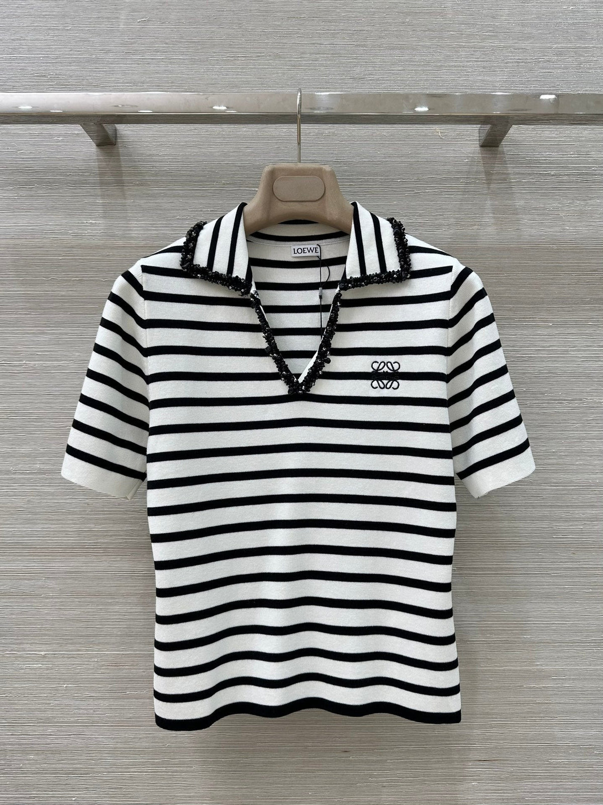 Loewe 25 Striped Knitted Polo Short-sleeved Top White Tencel