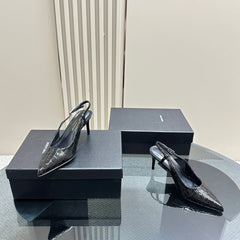 SL TRAPEZE CROCODILE MOTIF SLINGBACK PUMP BLACK CALFSKIN