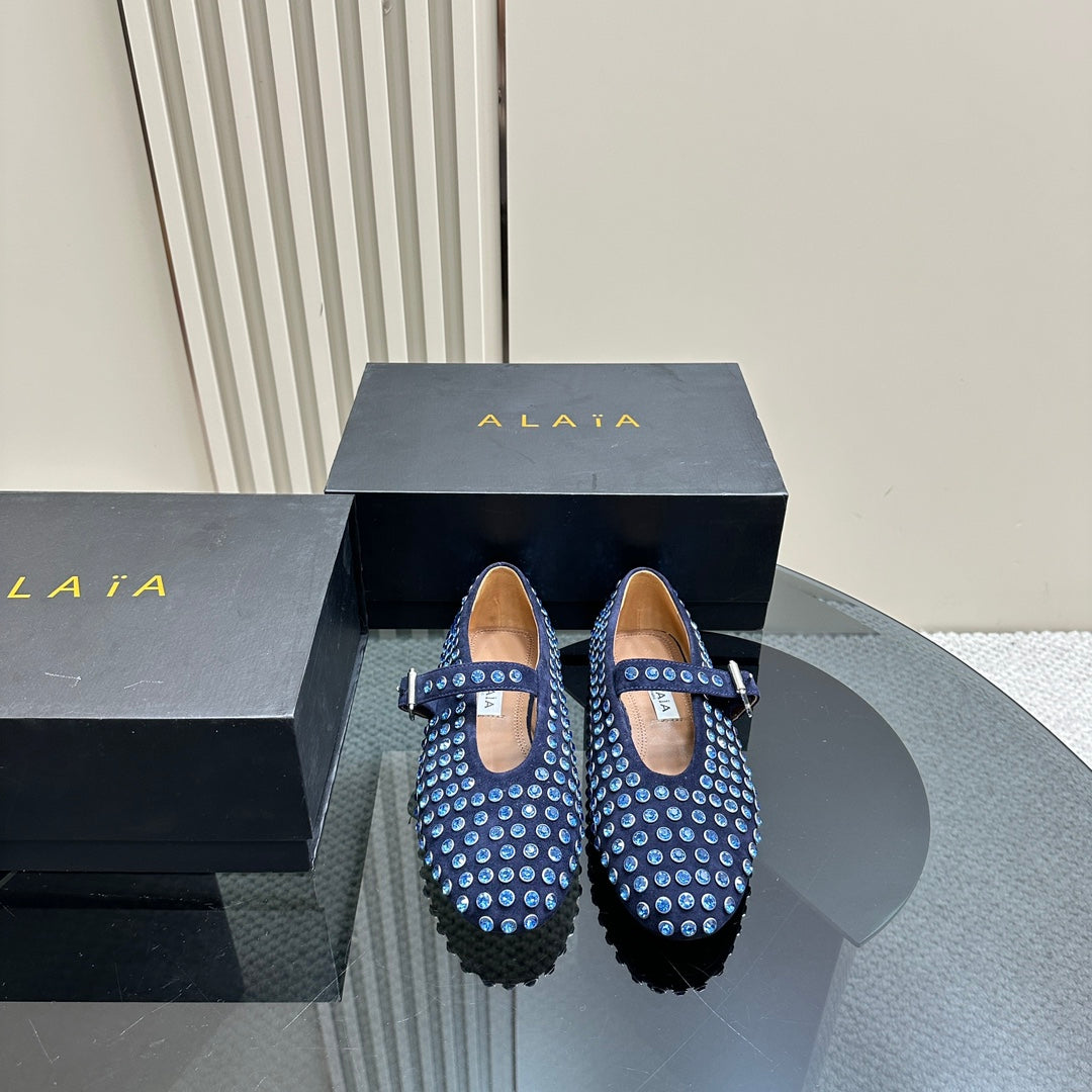 ALAIA CRYSTAL EMBELLISHED BALLET FLATS IN NAVY BLUE SUEDE