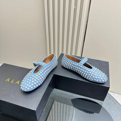 ALAIA CRYSTAL EMBELLISHED BALLET FLATS IN LIGHT BLUE DENIM