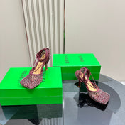 STRETCH HIGH HEELS 9 CM IN SANGRIA RED METALLIZE MESH AND LEATHER WITH CRYSTAL