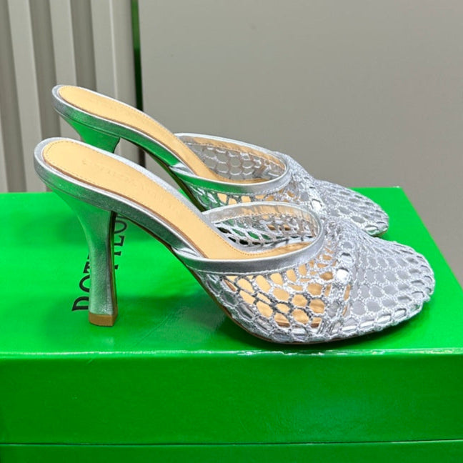 HIGH MULE 9 CM IN SILVER METALLIZE MESH AND LEATHER