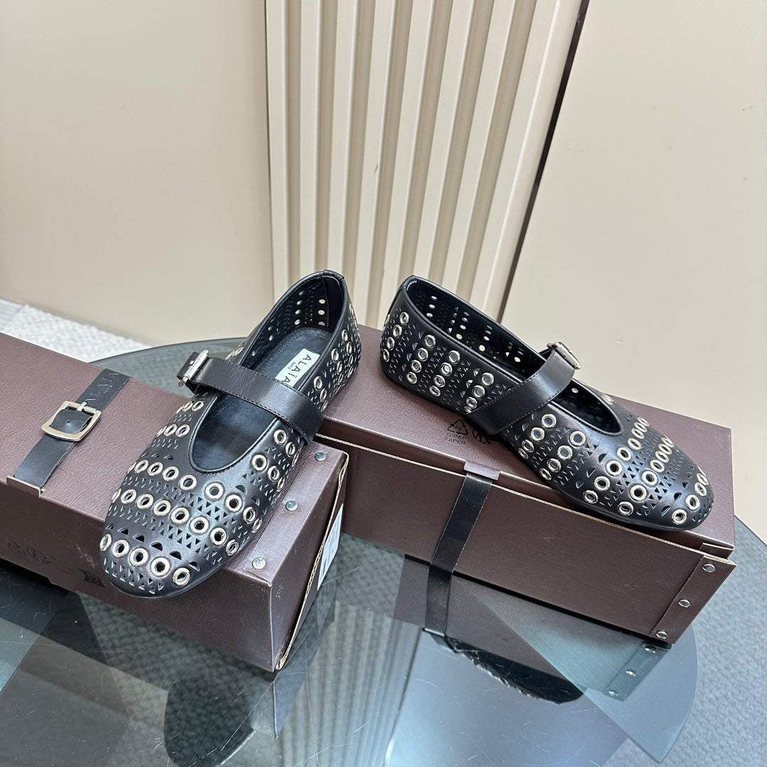 STRASS BALLET FLATS IN BLACK CALFSKIN