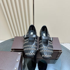 STRASS BALLET FLATS IN BLACK CALFSKIN