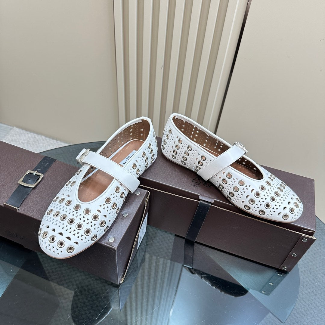 STRASS BALLET FLATS IN WHITE CALFSKIN