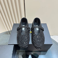 BALLET FLATS IN GLASS EYELET SUEDE GOATSKIN BLACK