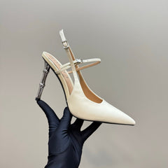 POINTED-TOE HIGH BAMBOO-EFFECT HEEL SLINGBACK IN CREAM PATENT CALFSKIN