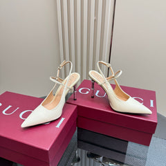 POINTED-TOE HIGH BAMBOO-EFFECT HEEL SLINGBACK IN CREAM PATENT CALFSKIN