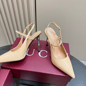 POINTED-TOE HIGH BAMBOO-EFFECT HEEL SLINGBACK IN BEIGE PATENT CALFSKIN