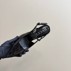 POINTED-TOE HIGH BAMBOO-EFFECT HEEL SLINGBACK IN BLACK PATENT CALFSKIN